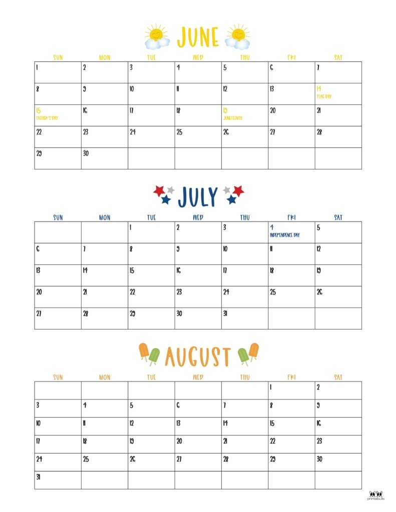 Free Printable Calendar 2025 June July August