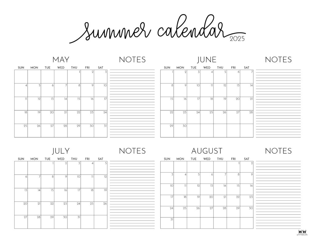 2025 Summer Calendars 27 FREE Printables Printabulls
