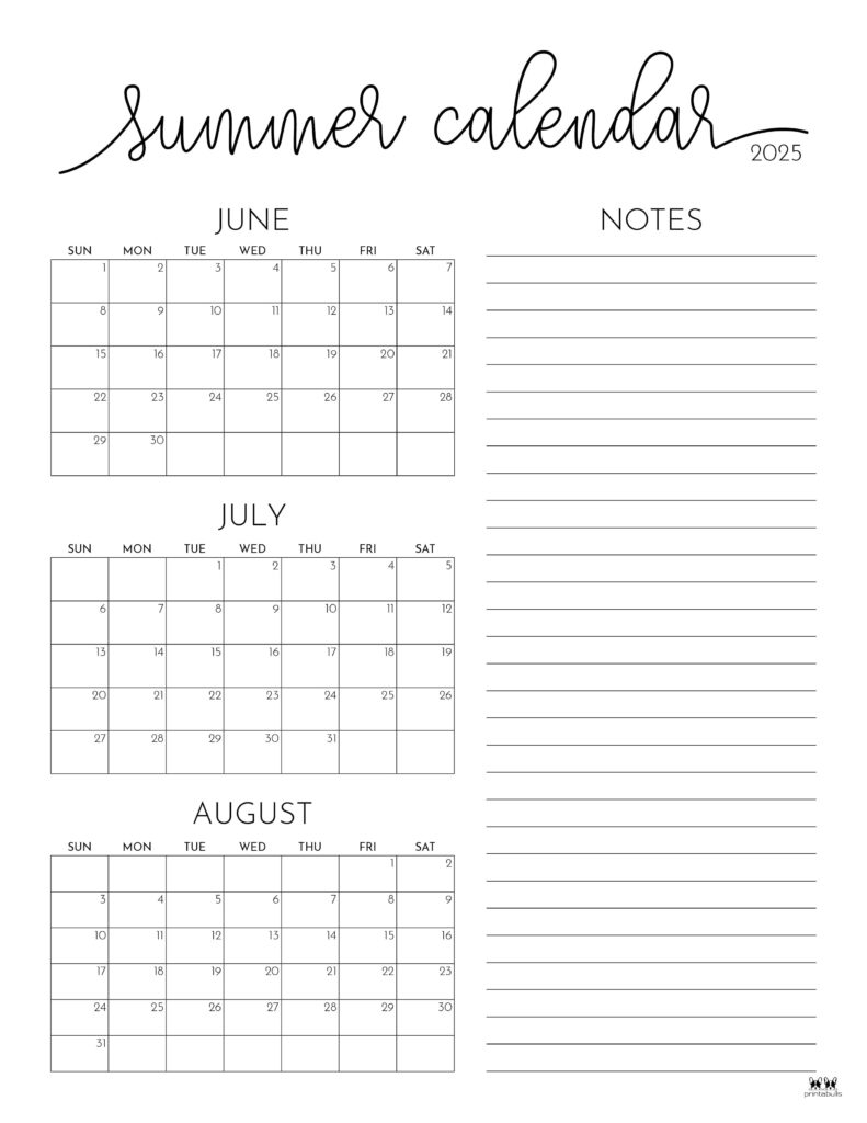 July And August Calendar Template 2025