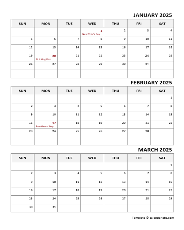 2025 Three Month Calendar Template Free Printable Templates
