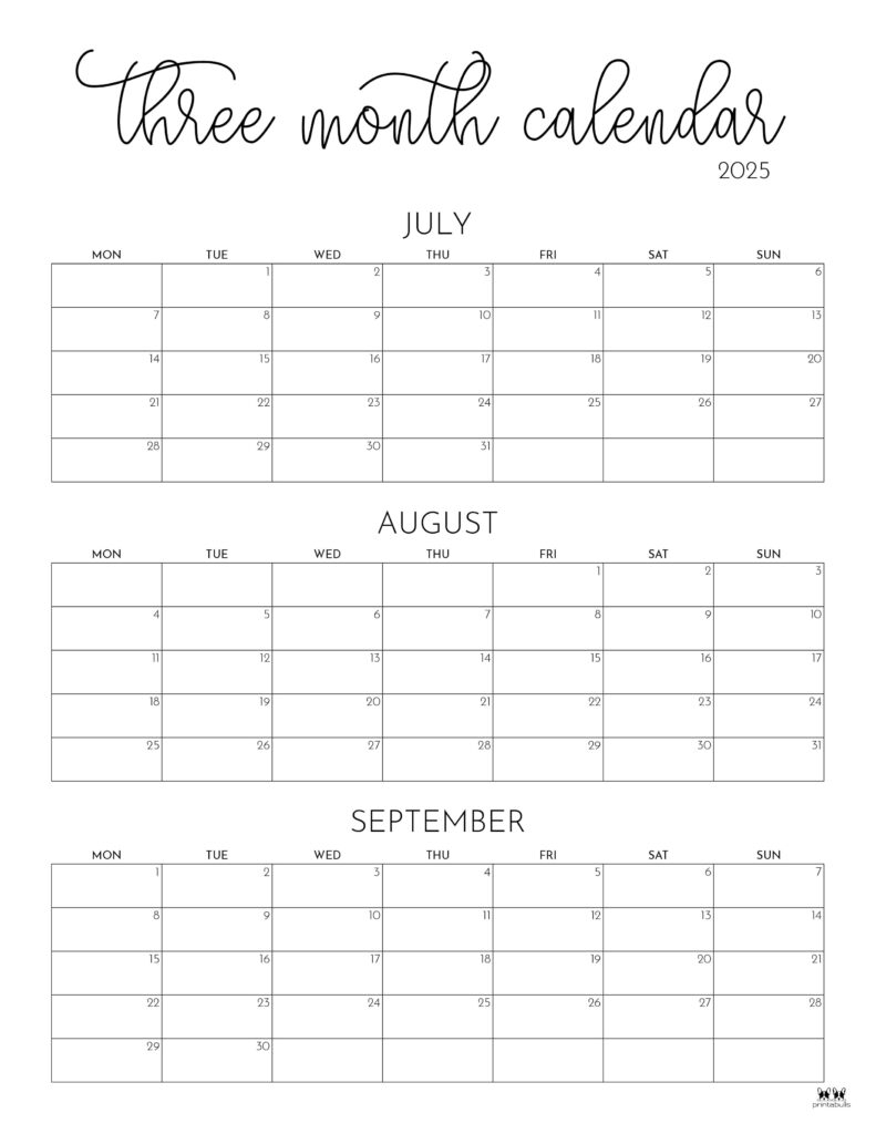 2025 Three Month Quarterly Calendars 36 FREE Cals Printabulls