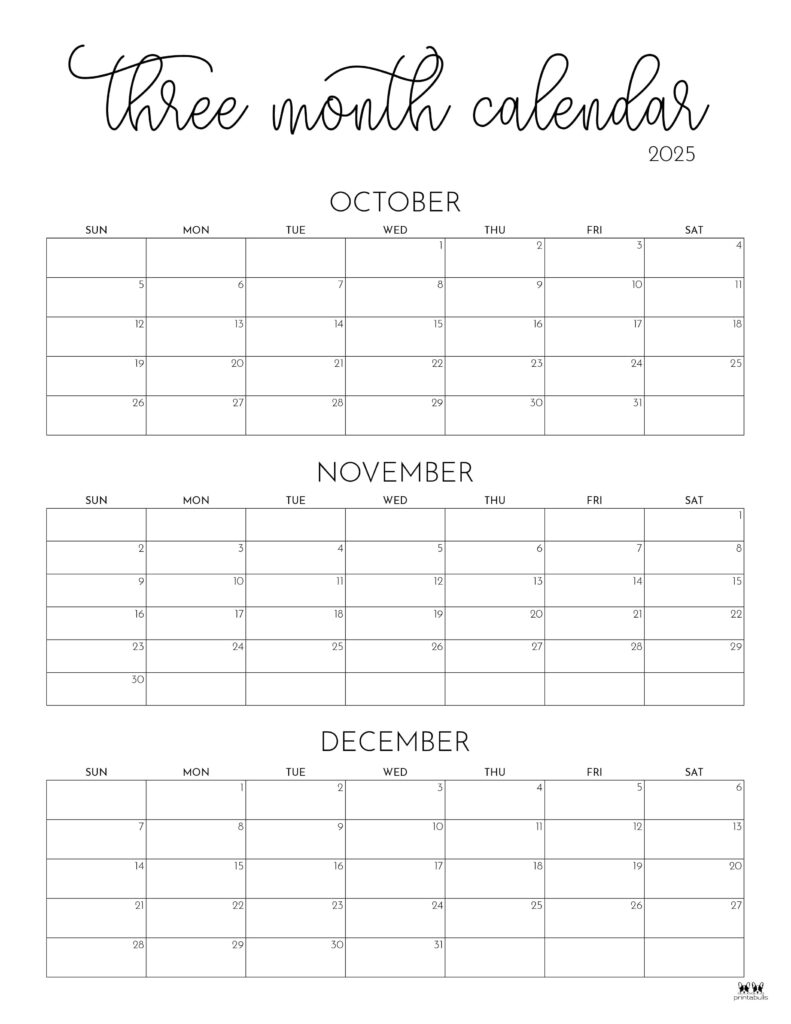 2025 Three Month Quarterly Calendars 36 FREE Cals Printabulls