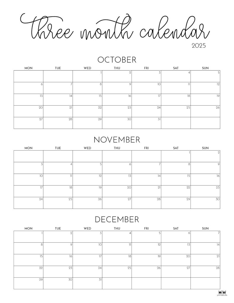 2025 Three Month Quarterly Calendars 36 FREE Cals Printabulls