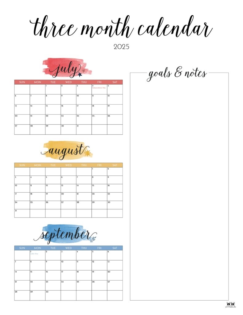 2025 Three Month Quarterly Calendars 36 FREE Cals Printabulls