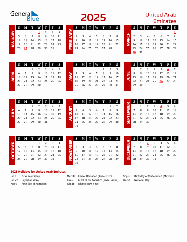 2025 United Arab Emirates Calendar With Holidays