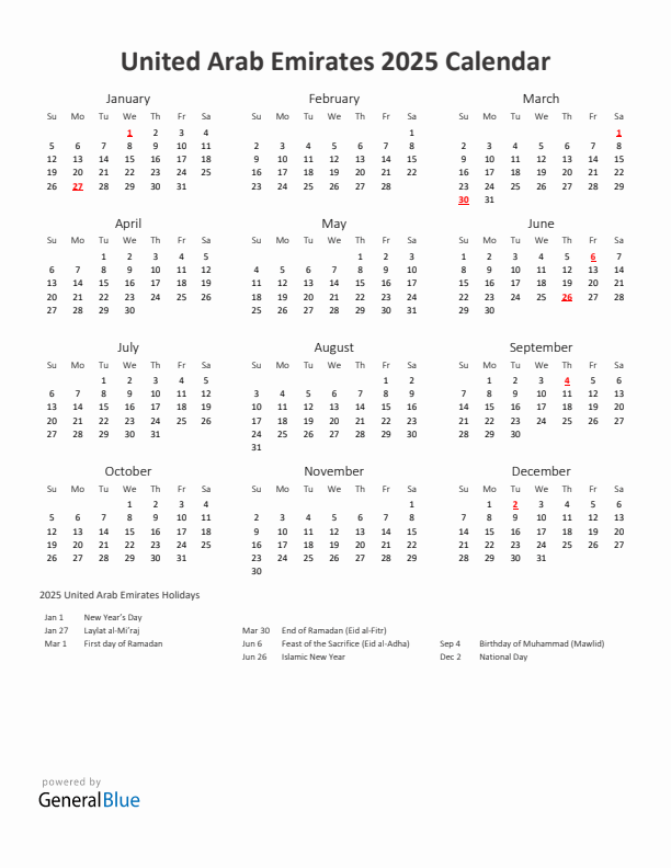2025 United Arab Emirates Calendar With Holidays
