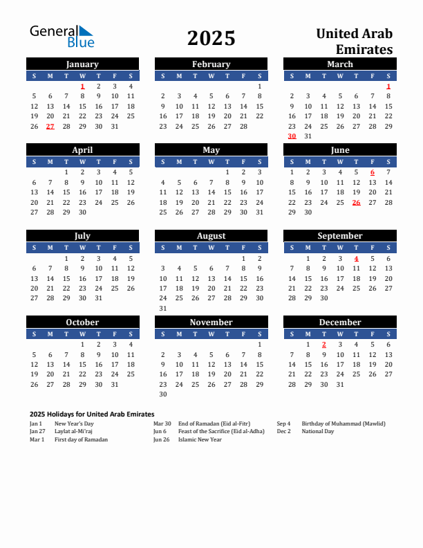 2025 United Arab Emirates Calendar With Holidays