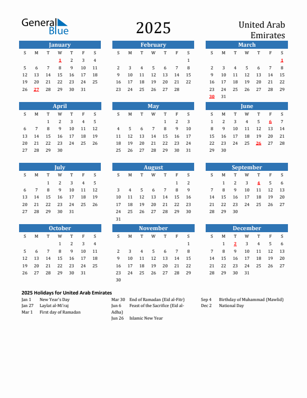 2025 United Arab Emirates Calendar With Holidays