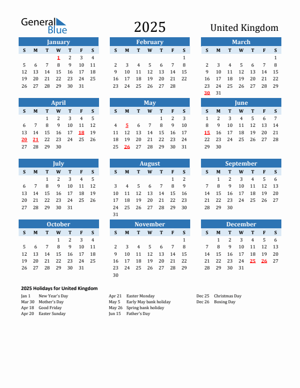 2025 United Kingdom Calendar With Holidays