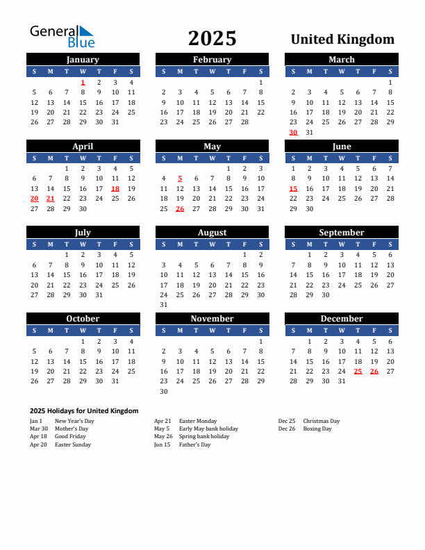 2025 United Kingdom Calendar With Holidays