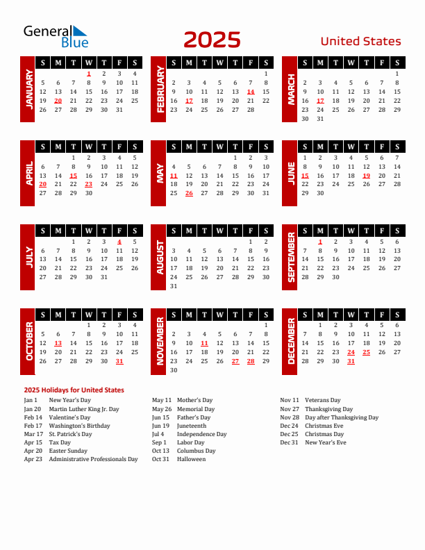 2025 United States Calendar With Holidays