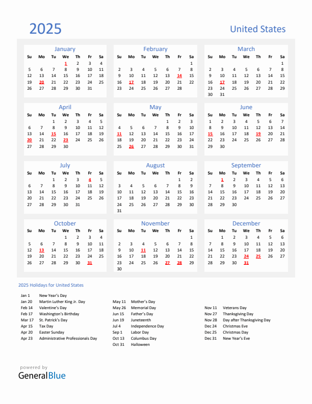 Free Printable Calendar 2025 With Holidays Usa