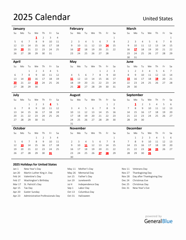 2025 United States Calendar With Holidays