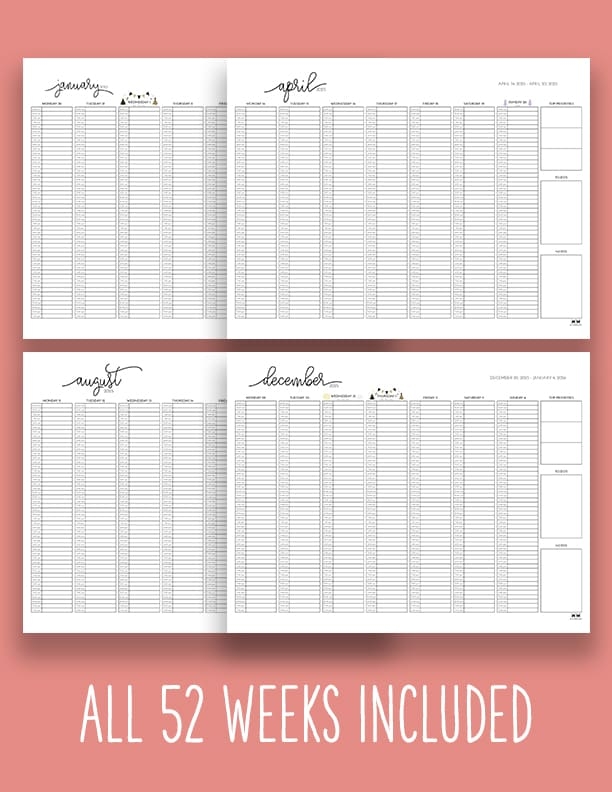 2025 Weekly Calendars All 52 Weeks Printabulls