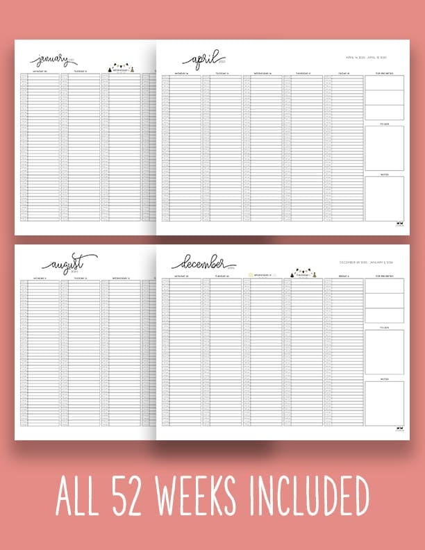 2025 Weekly Calendars All 52 Weeks Printabulls