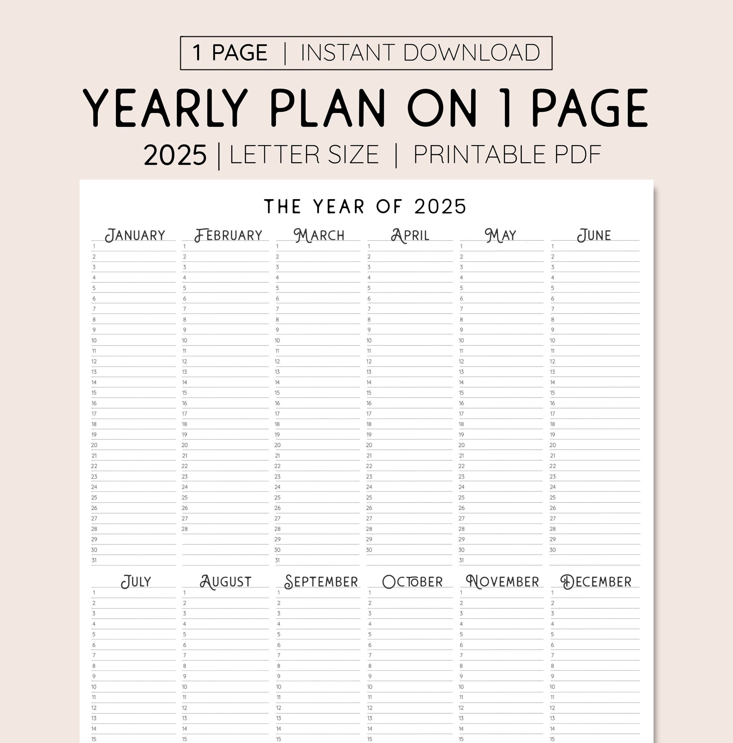 2025 Year At A Glance INSTANT DOWNLOAD Yearly Overview 
