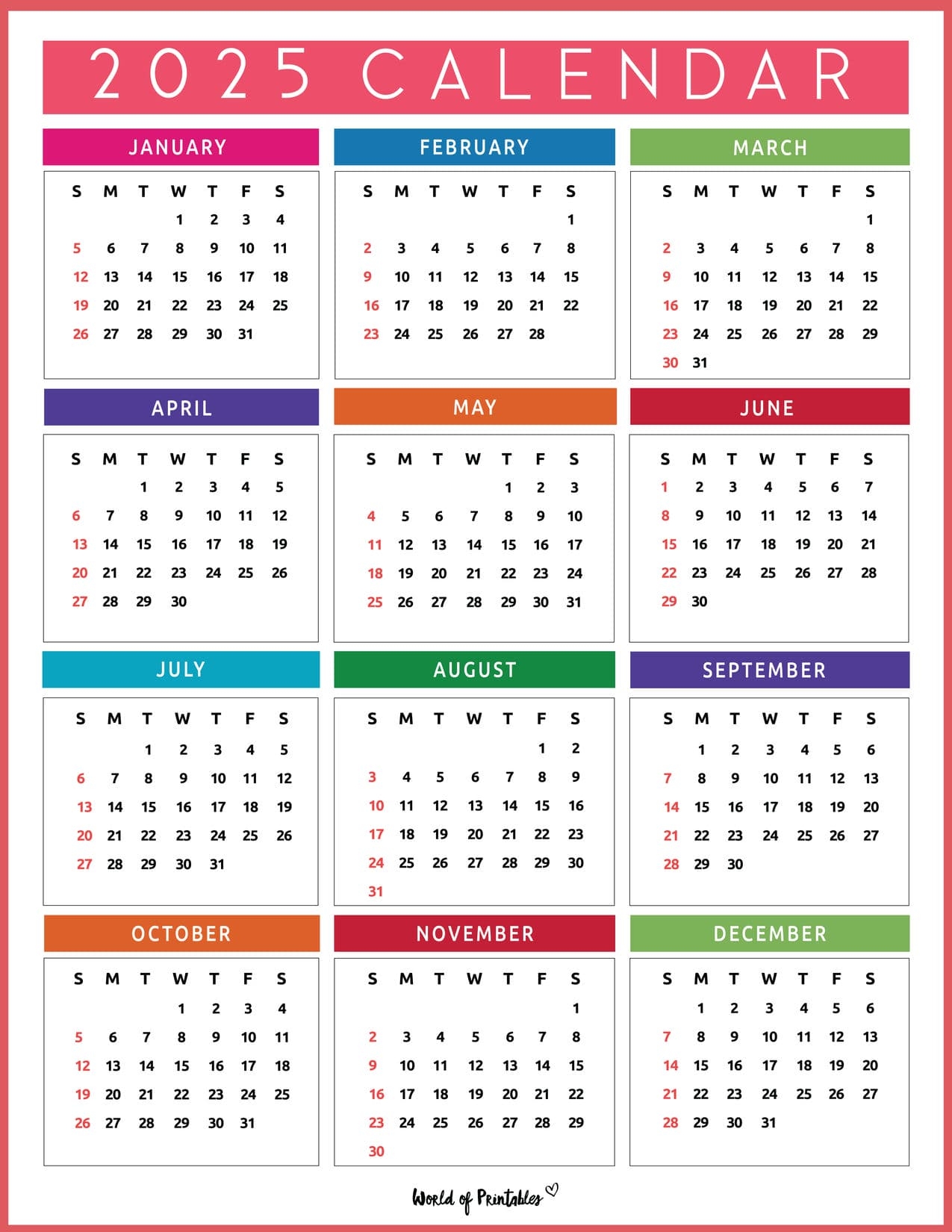 2025 Full Year Calendar Printable