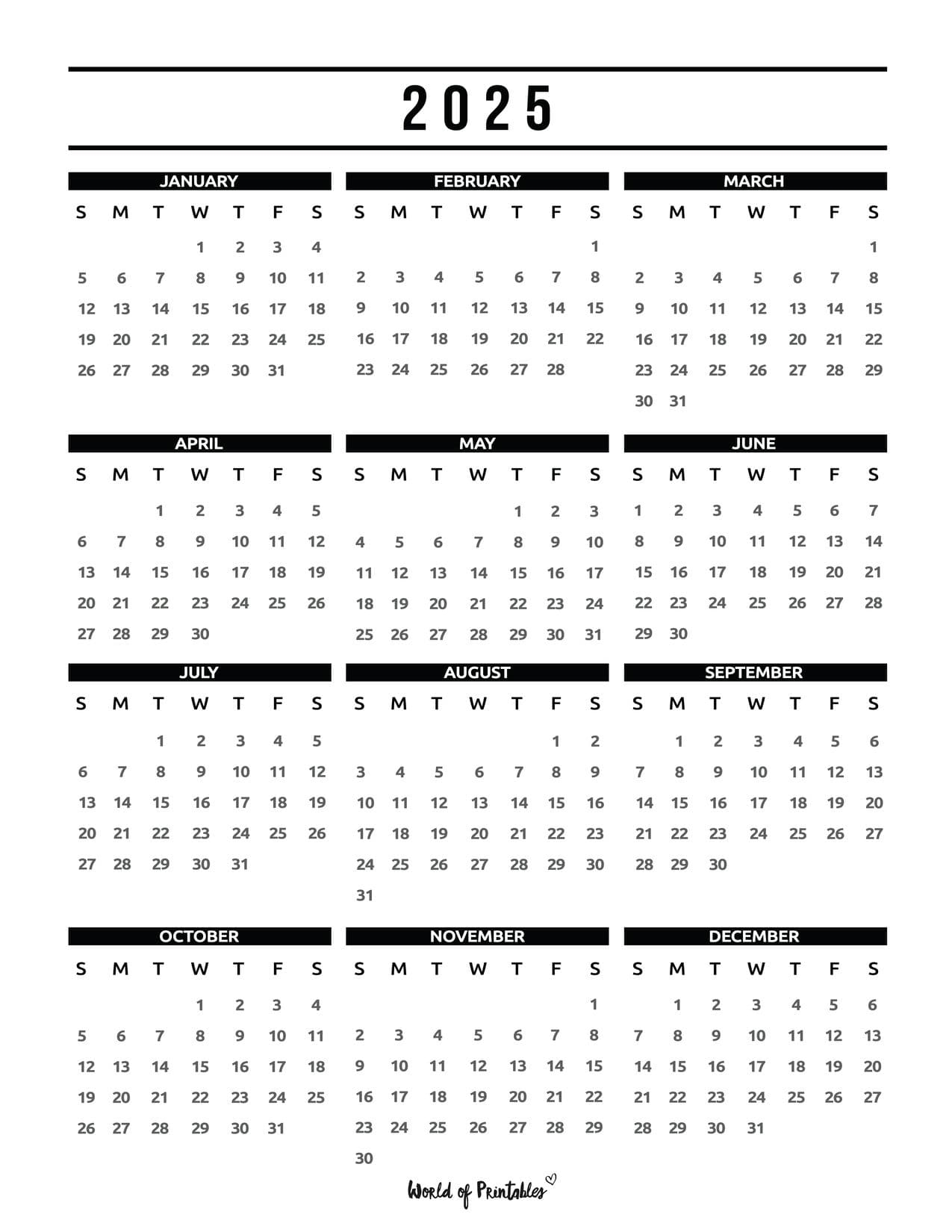 Free Printable 2025 1 Page Yearly Calendar
