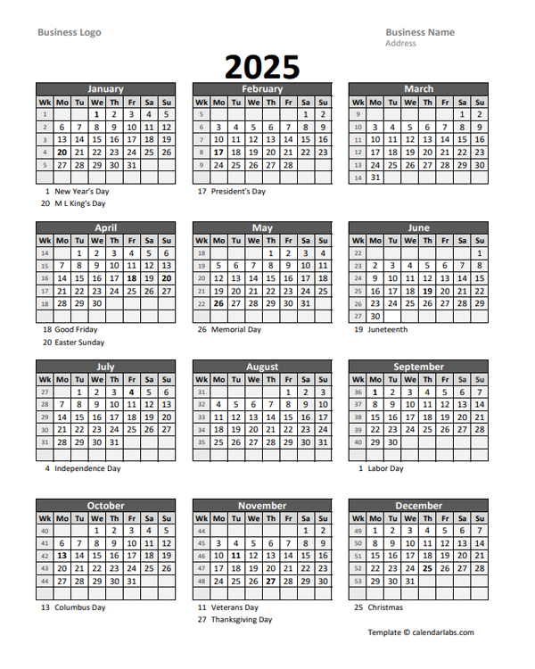 2025 Yearly Business Calendar With Week Number Free Printable 