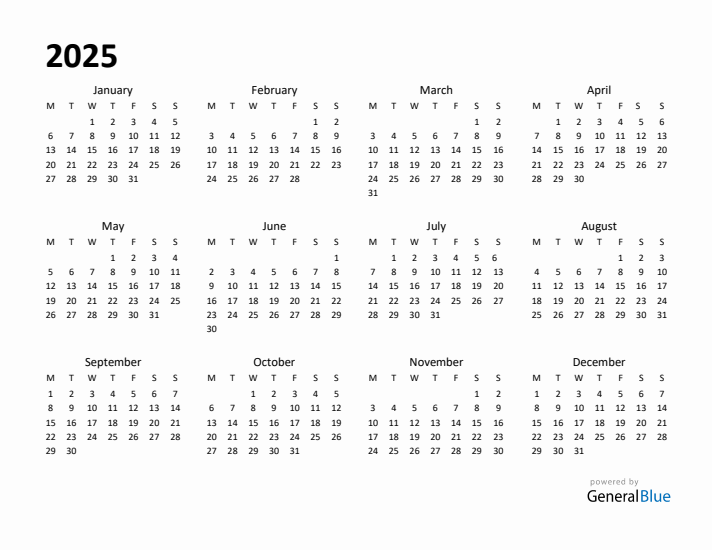 2025 Yearly Calendar Templates With Monday Start