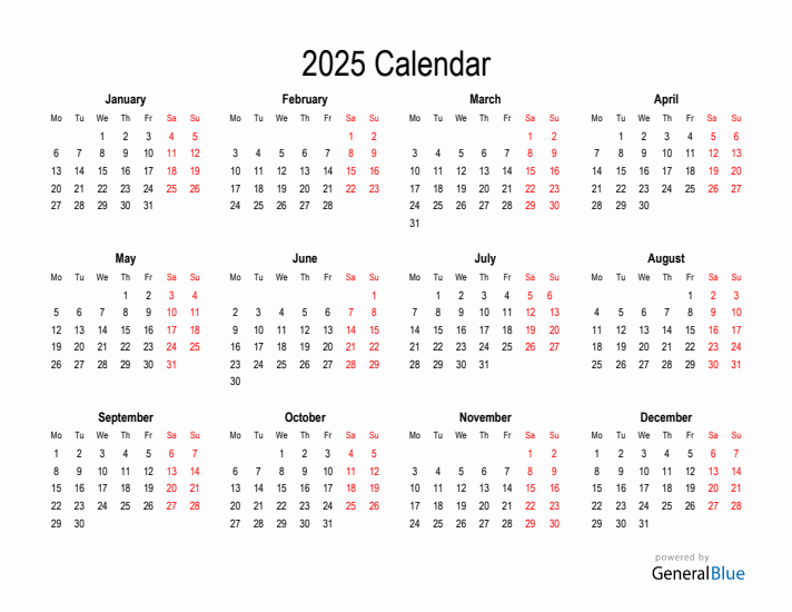 Free Printable Calendar 2025 Weekdays Only