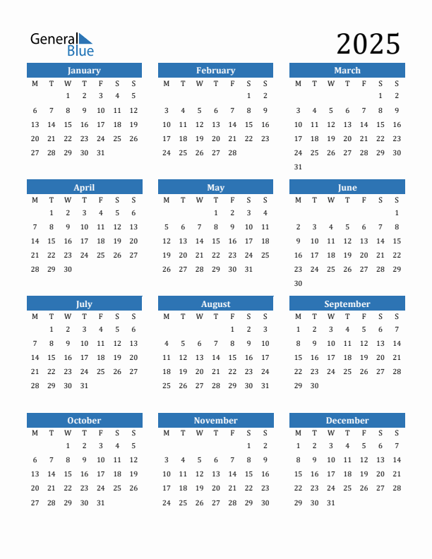 2025 Yearly Calendar Templates With Monday Start