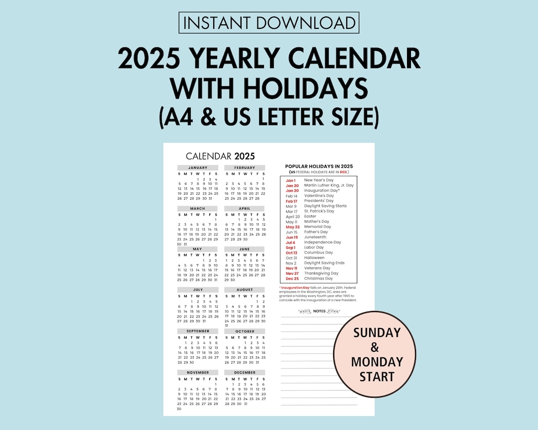 2025 Yearly Calendar With Holidays 2025 Yearly Overview Printable 2025 Year At A Glance 2025 Holiday Calendar PDF Sunday U0026 Monday Start Etsy