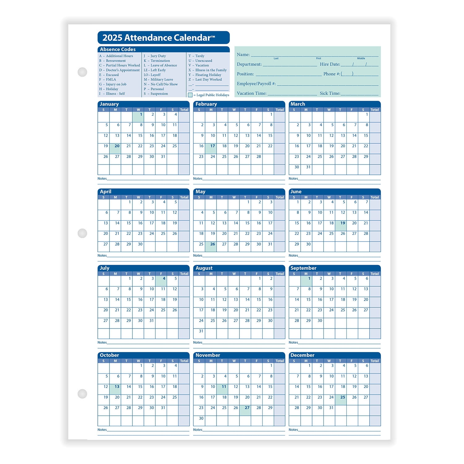 2025 Yearly Employee Attendance Calendar Yearly Calendar HRdirect