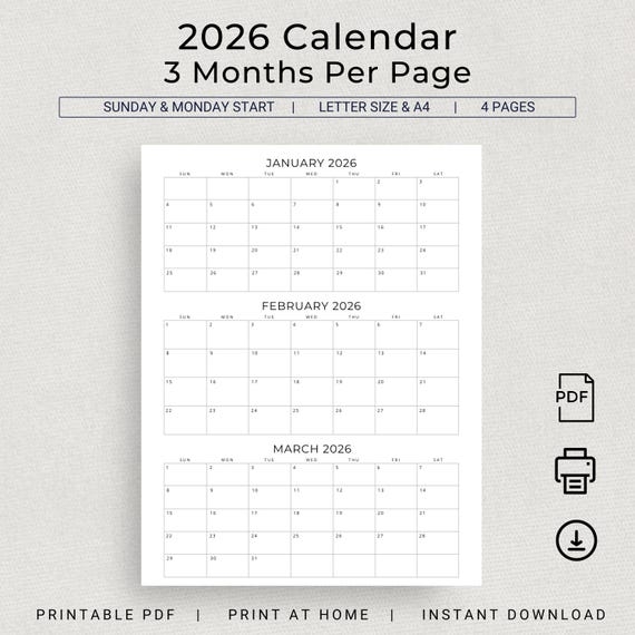 2026 Calendar 2026 3 Months Per Page Calendar Monthly Calendar 