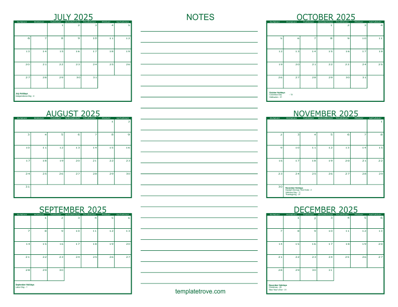 Free Printable 6 Month Calendar 2025