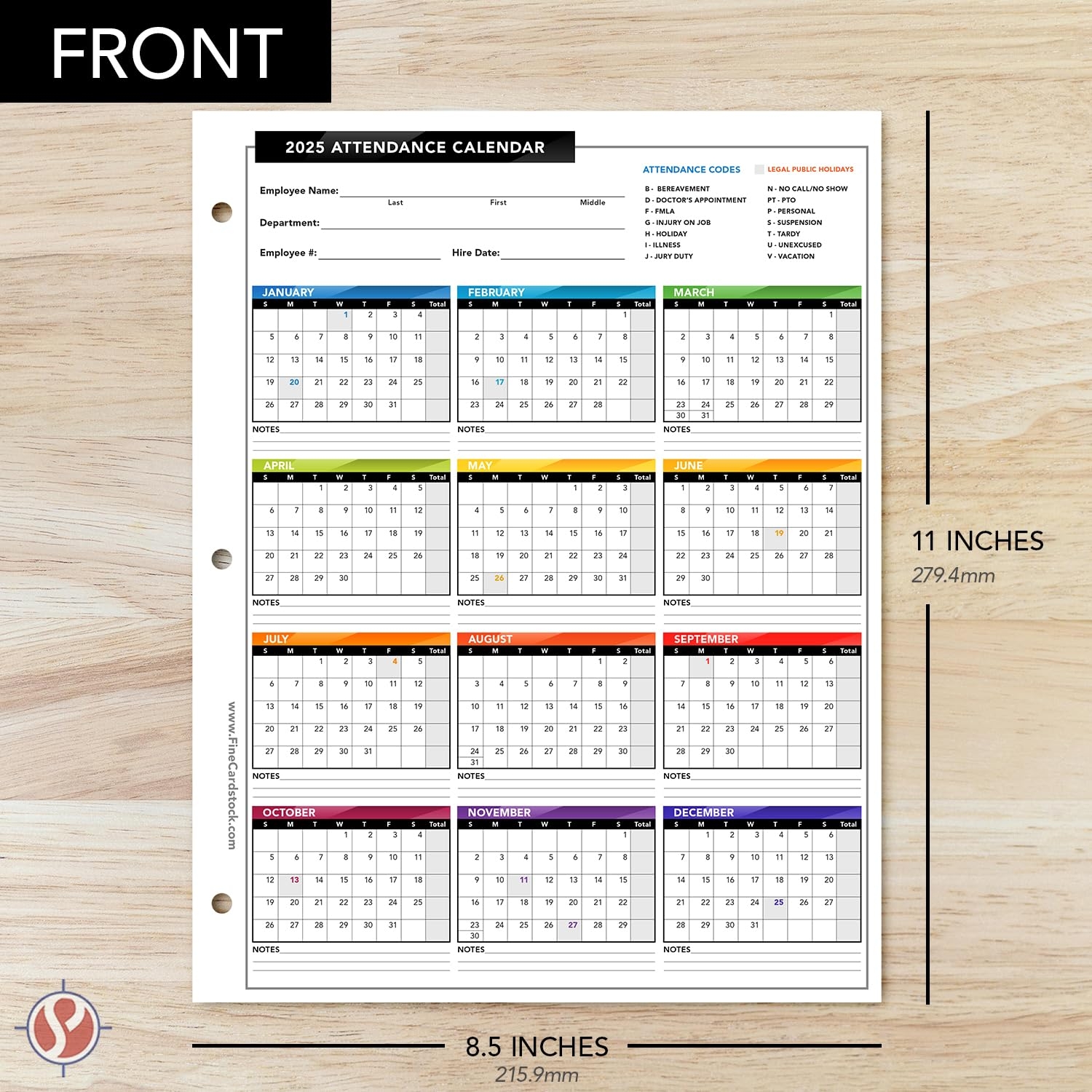 Amazon 2025 Attendance Calendar Card Stock Paper Great Employee Work Tracker Bright U0026 Colorful Printed On Durable U0026 Thick 80lb Cover 216gsm Cardstock 3 Hole Punched 8 5