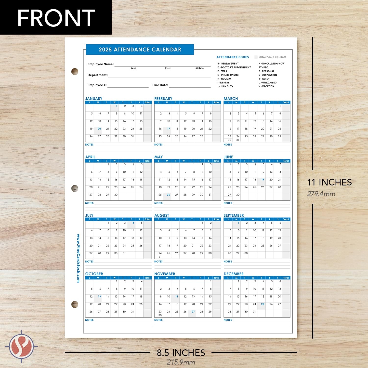 Amazon 2025 Attendance Calendar Card Stock Paper Great Employee Work Tracker Printed On Durable And Thick 80lb 216gsm Cardstock 8 X 11 