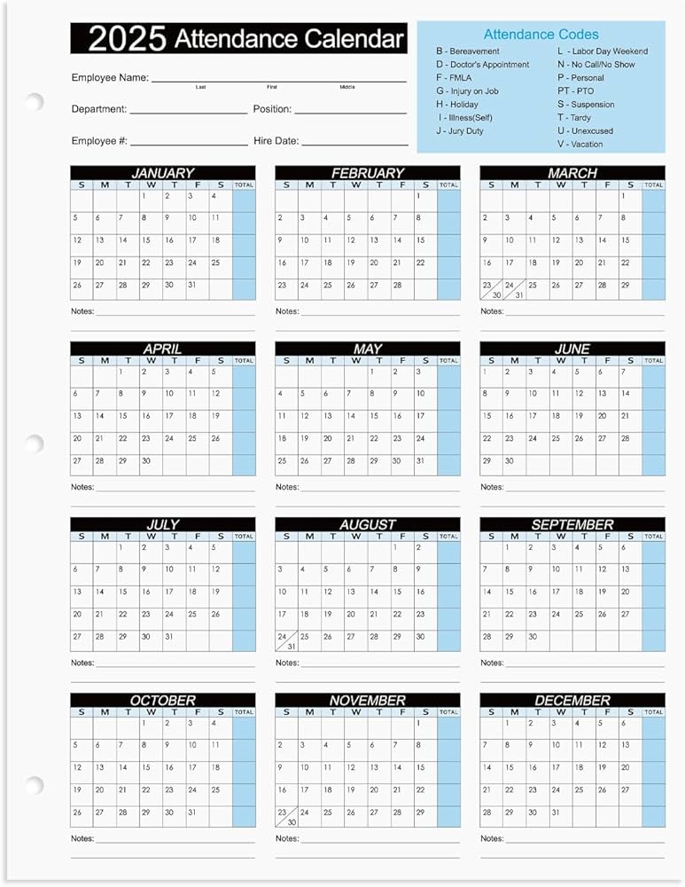 Amazon 2025 Attendance Calendar Work Tracker Attendance Calendar Cards 8 5 X 11 Cardstock Pack Of 25 Sheets Office Products
