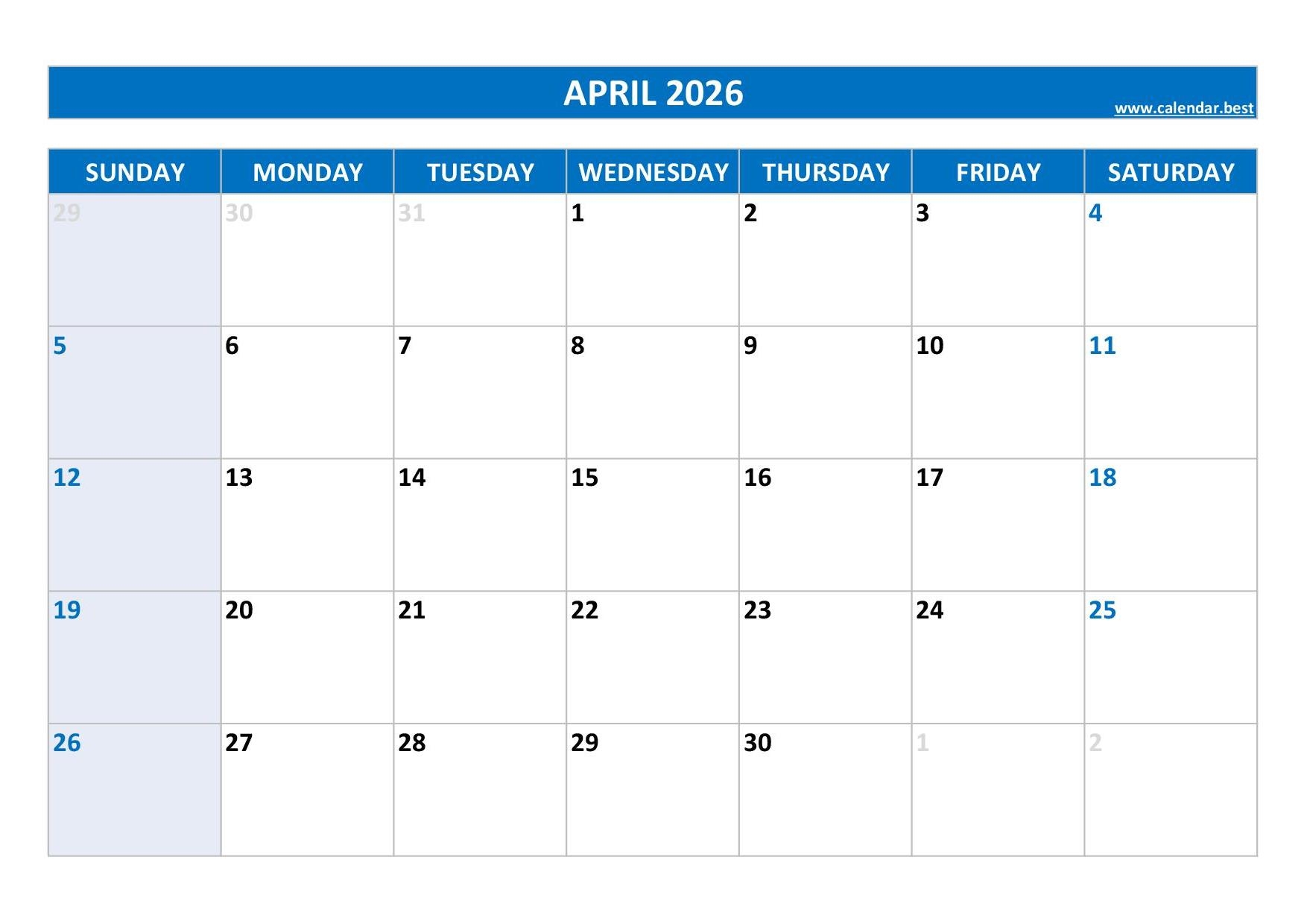 Free Printable April Calendar 2026