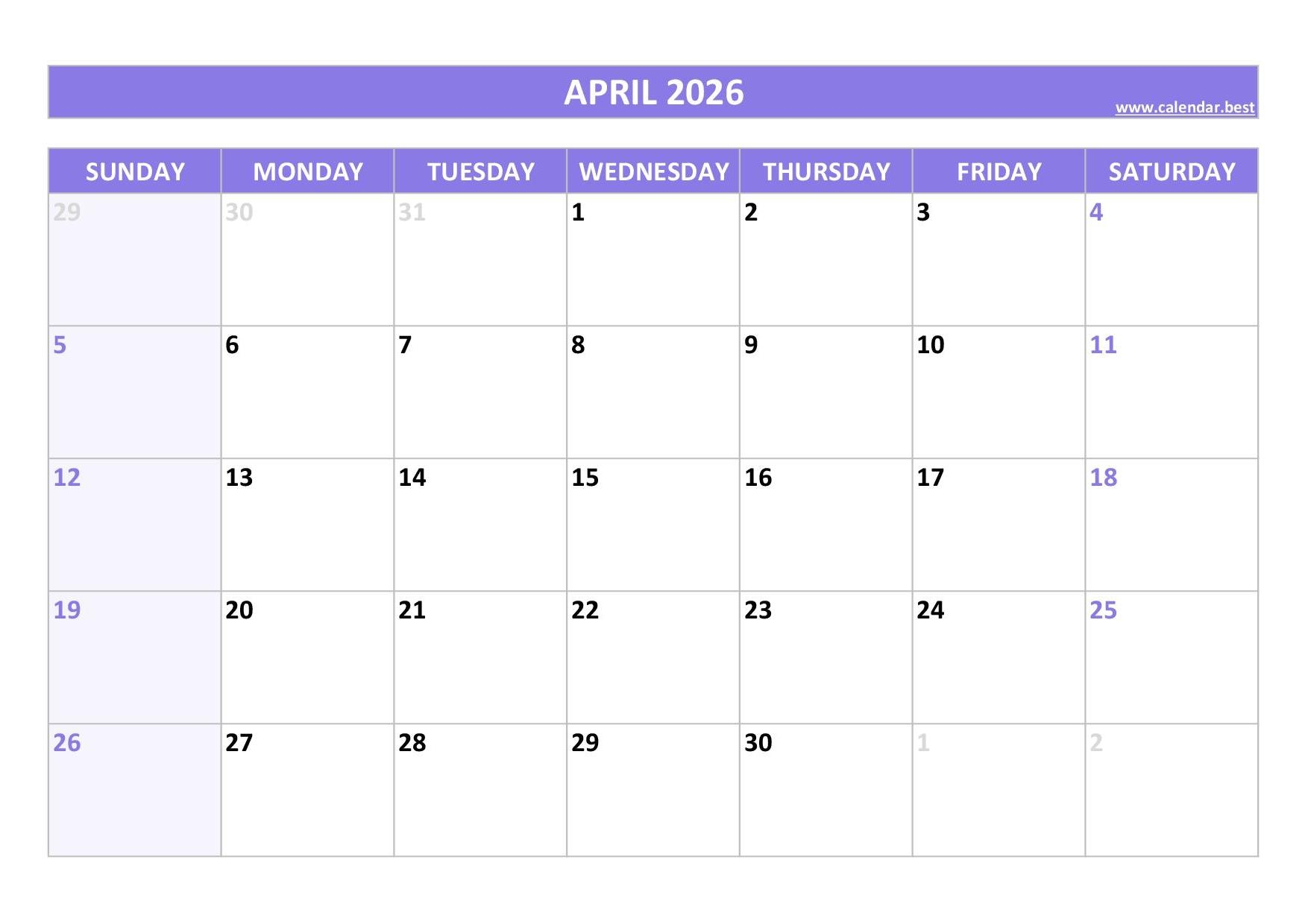 Printable Calendar April 2026