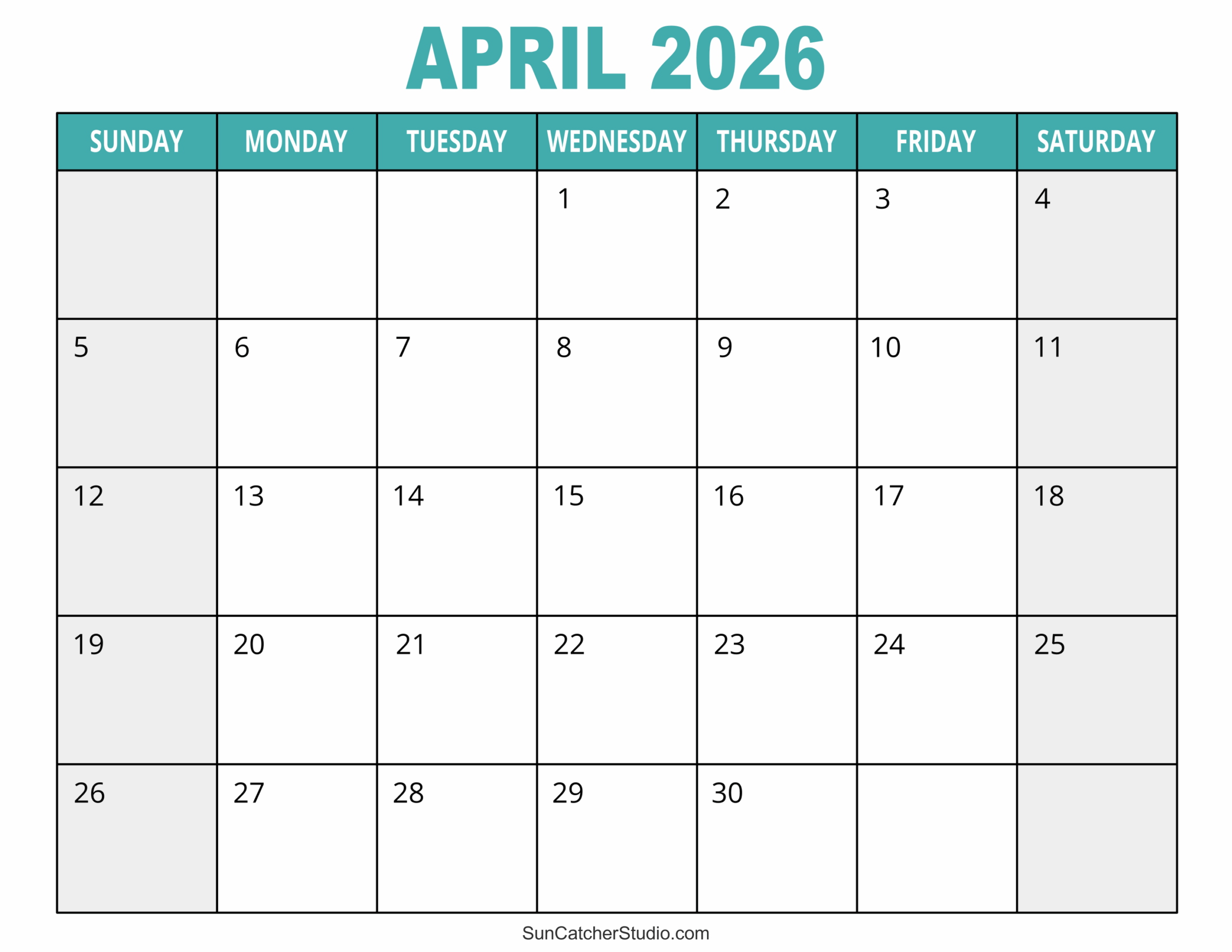 Free Printable April 2026 Calendar Large Boxes