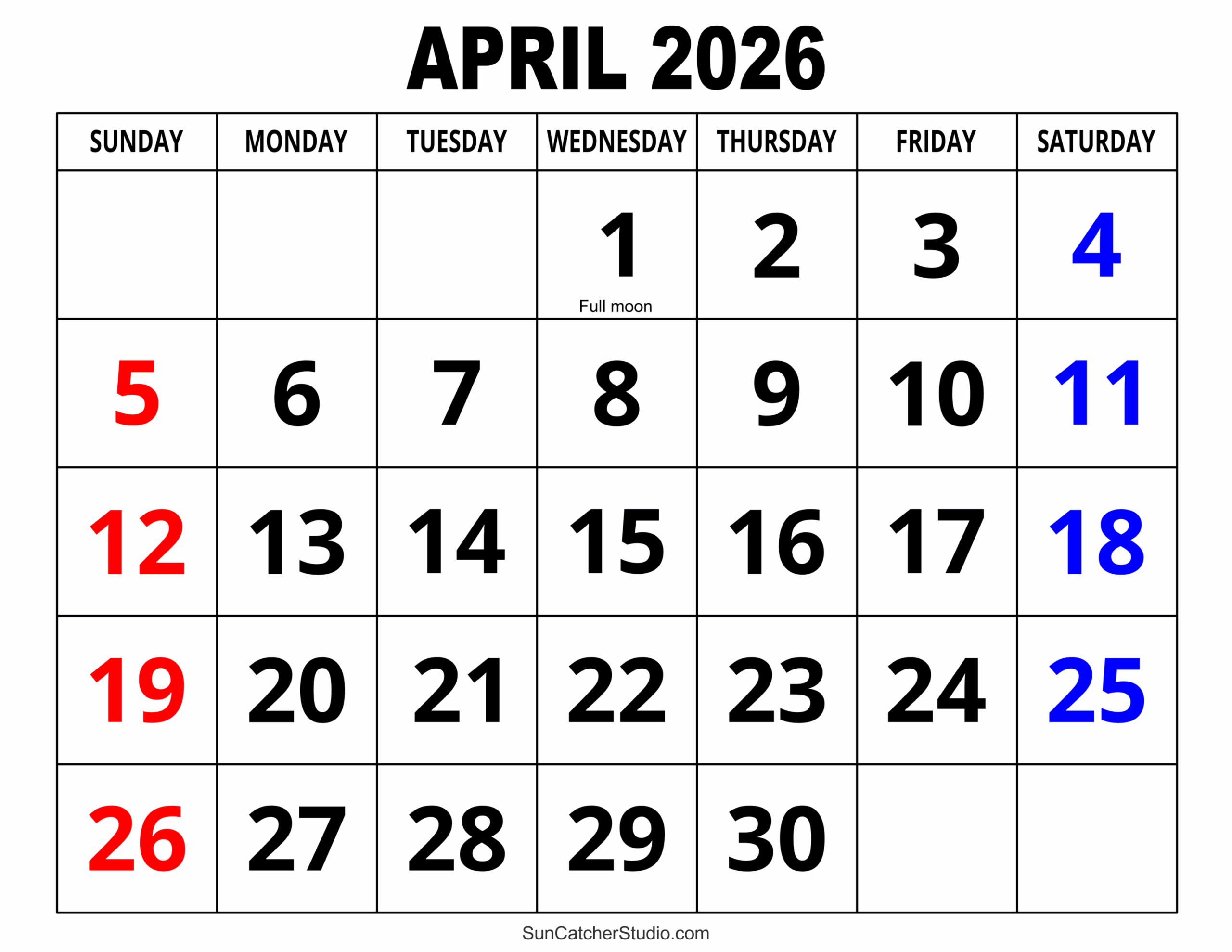 Cute April Calendar 2026 Printable