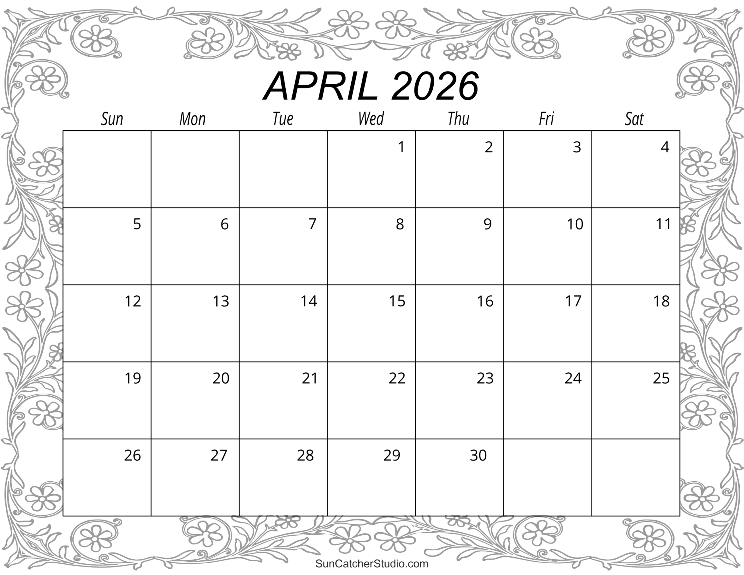 Free Printable 2026 Monthly Calendar April