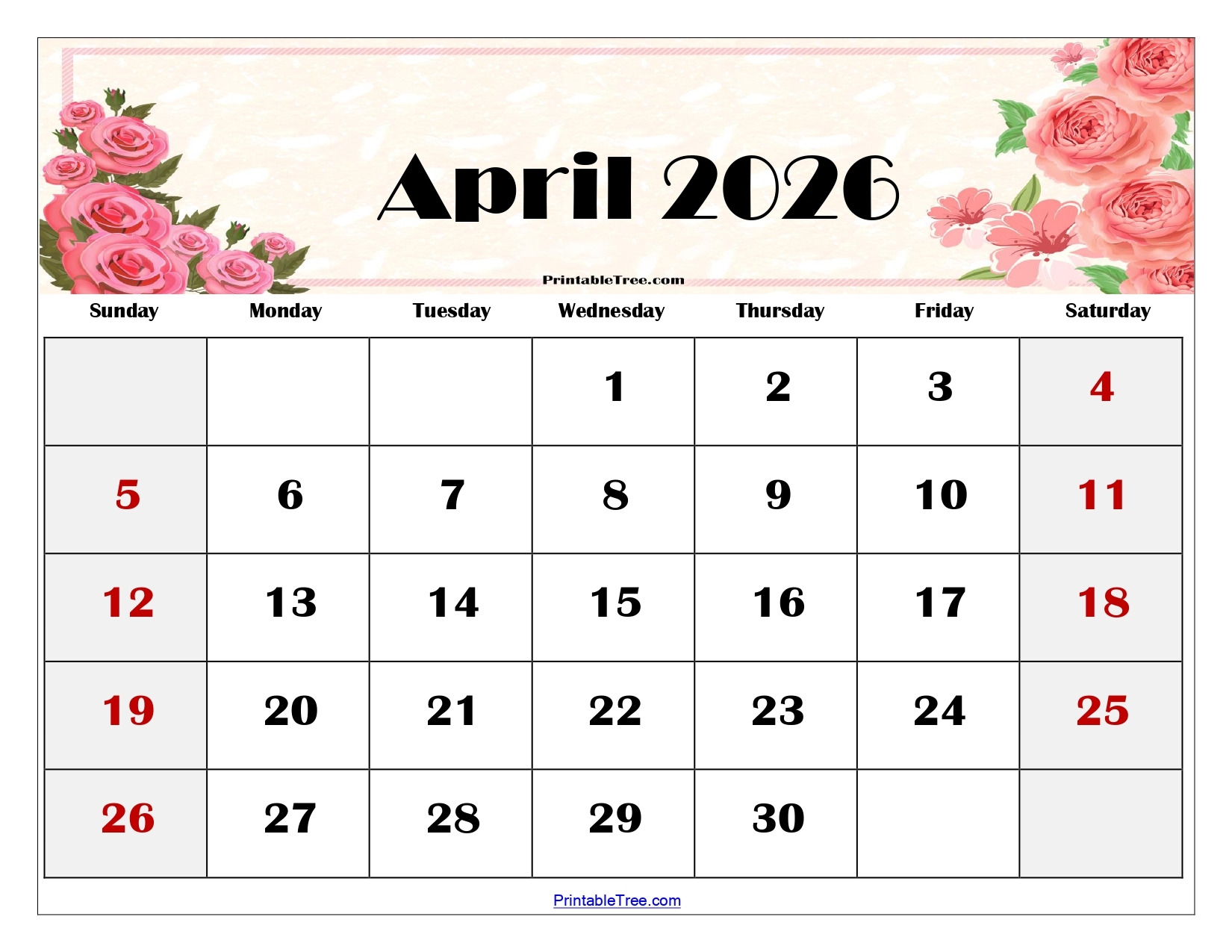 2026 April Calendar Free Printable