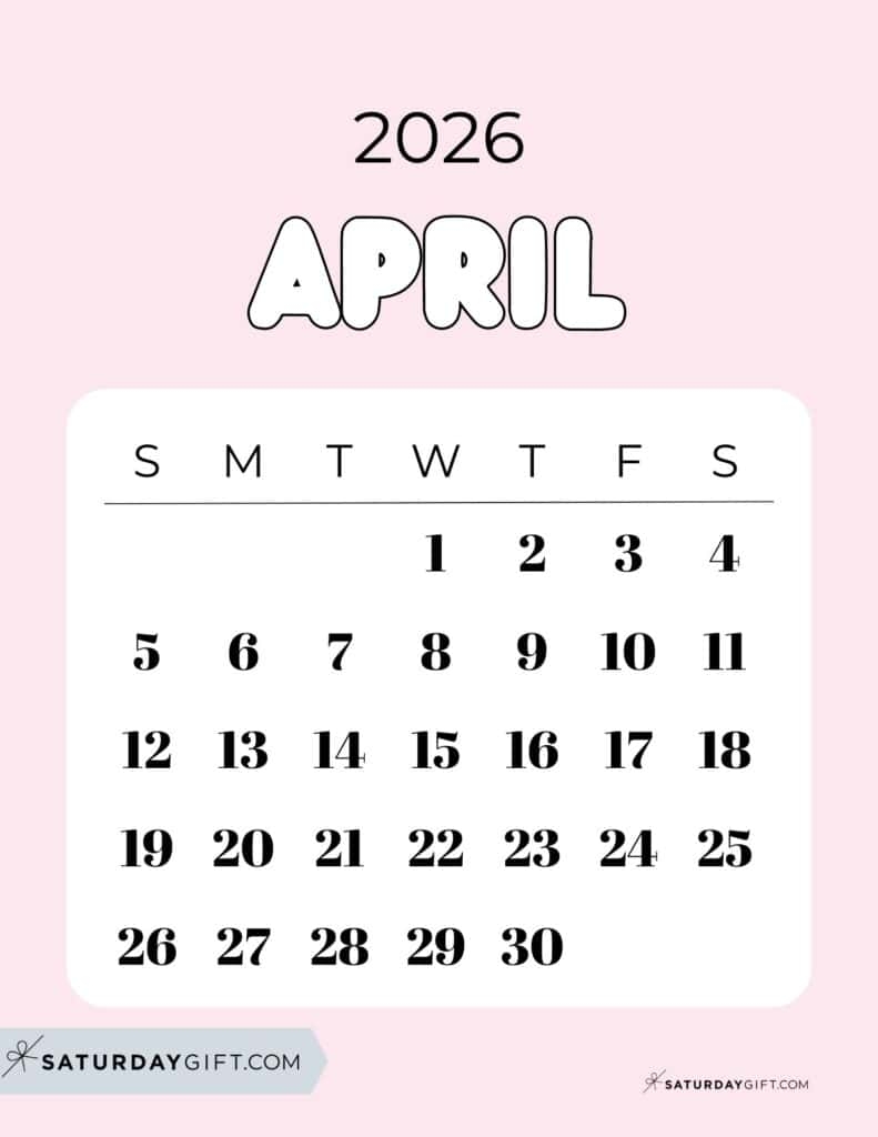 April Calendar 2026 Printable Cute