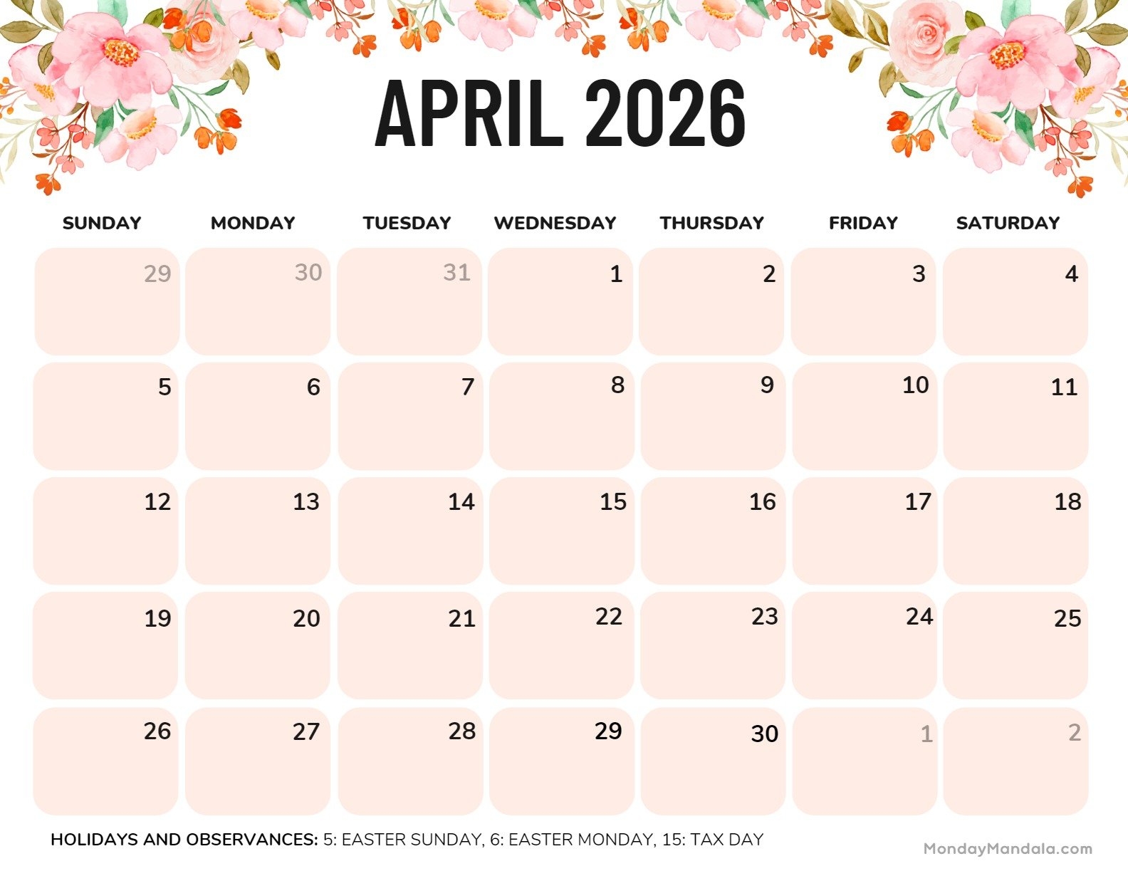 April 2026 Printable Calendar Free