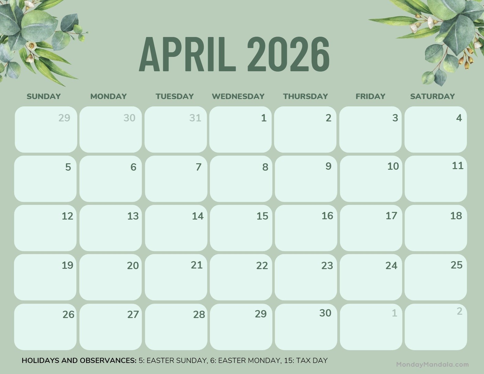 April 2026 Printable Landscape Calendar With Flowers