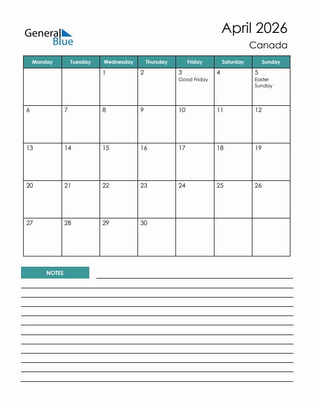 April 2026 Canadian Calendar Printable
