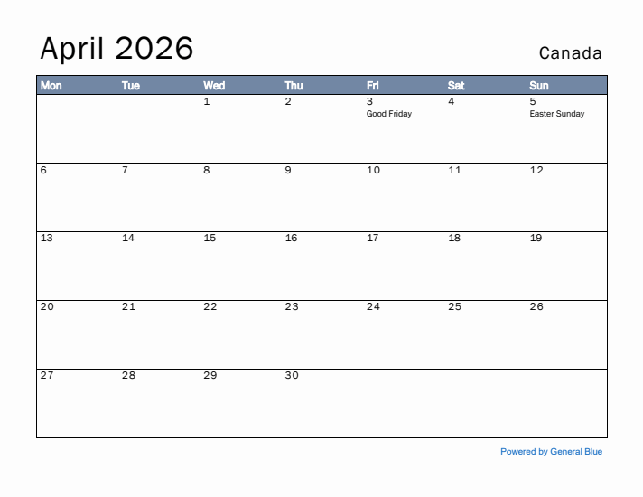 April 2026 Canada Monthly Calendar With Holidays