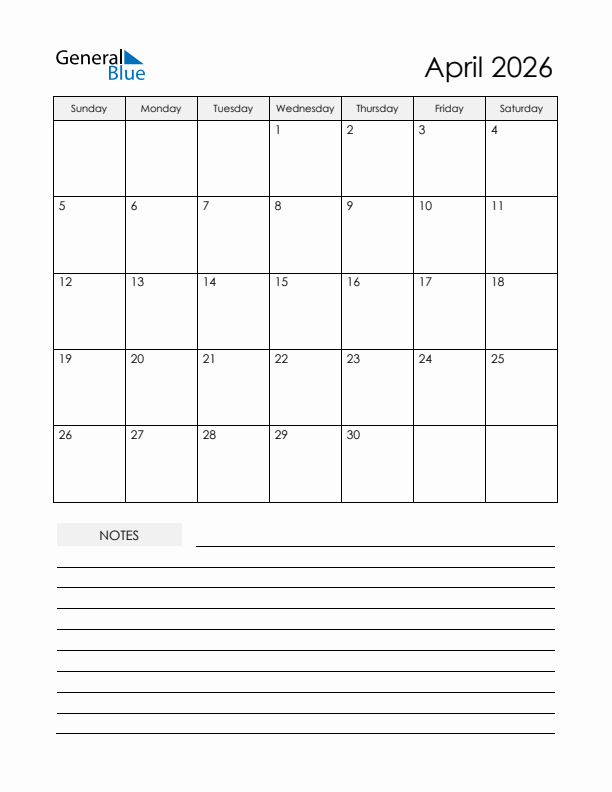 April 2026 Monthly Calendar PDF Word Excel 