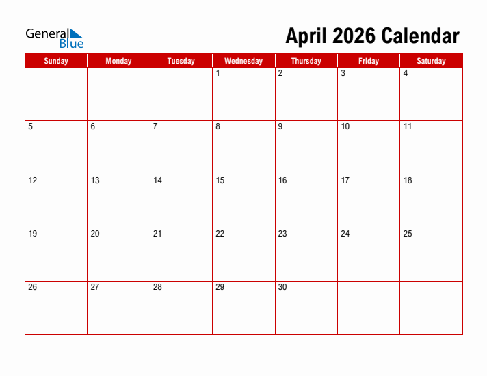 April 2026 Monthly Calendar PDF Word Excel 