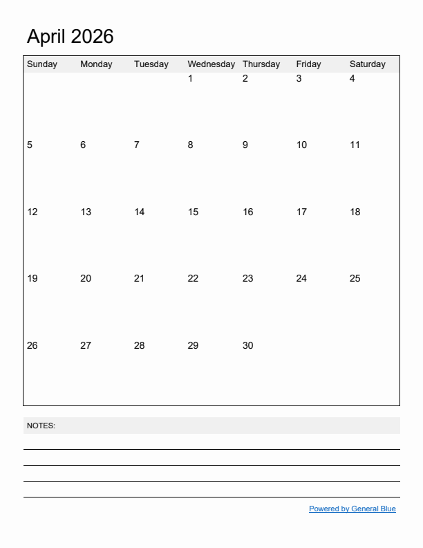 April 2026 Monthly Calendar PDF Word Excel 