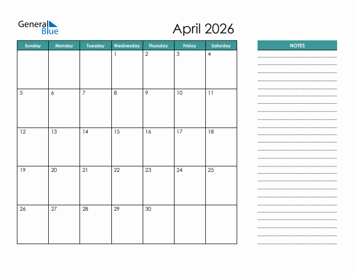 April 2026 Monthly Calendar PDF Word Excel 