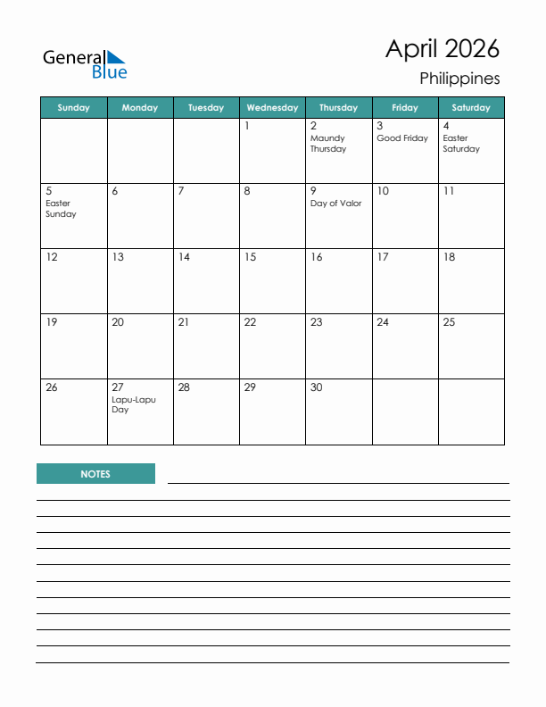 April 2026 Monthly Calendar With Philippines Holidays