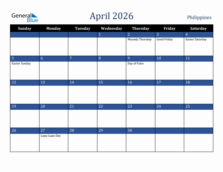 April 2026 Monthly Calendar With Philippines Holidays